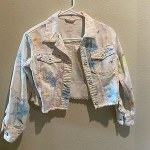GIRLS TIE-DYE WHITE CROPPED DENIM JEAN JACKET